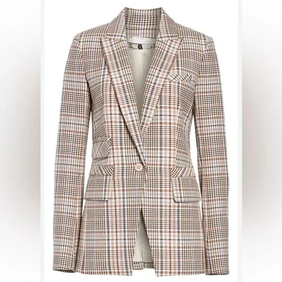 New Veronica Beard FULLER CHECK SINGLE-BUTTON DICKEY JACKET Cream Blue/ Rose Sz2